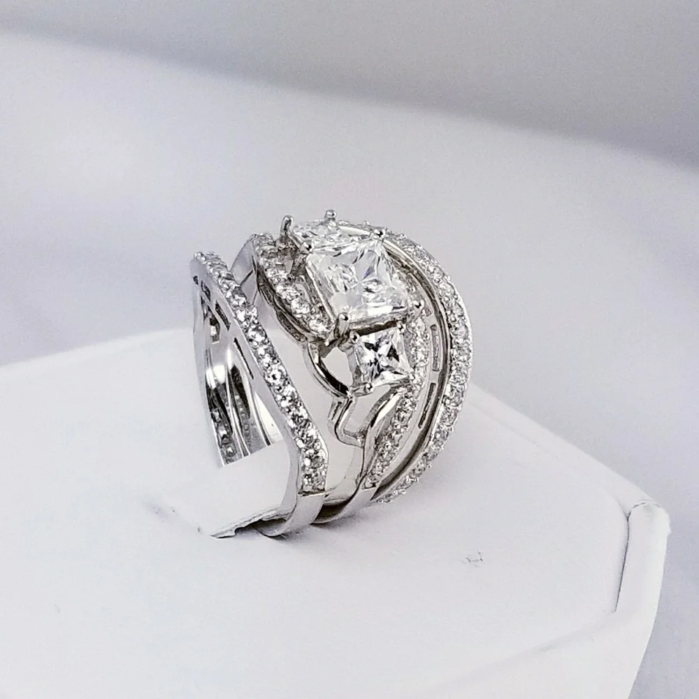 3pc Real 925 Princess Cut Engagement Wedding Ring